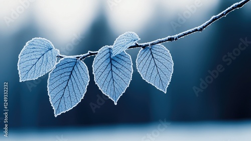 A serene close-up of frosted leaves on a branch, showcasing winter's delicate beauty in soft blue tones against a blurred background. photo