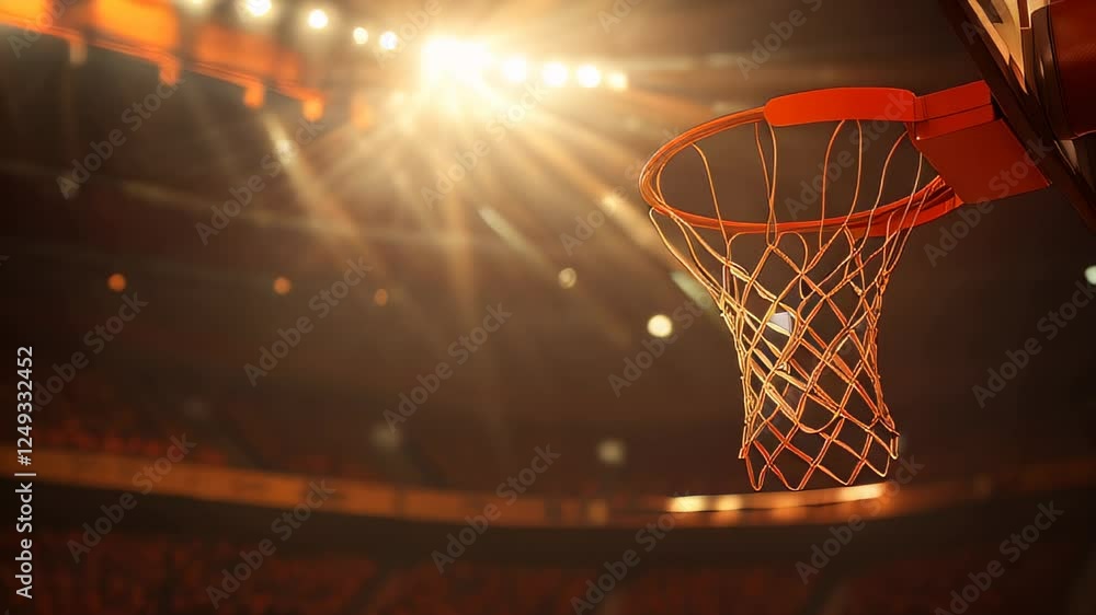 Exciting basketball game under bright arena lights with a focus on the hoop and net Exciting basketball game under bright arena lights with a focus on the hoop and net