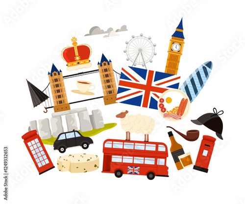 Travel to Great Britain Kingdom, London set. Famous culture elements and city landmarks in infographic collage, country flag, red bus and telephone booth, English food cartoon vector illustration