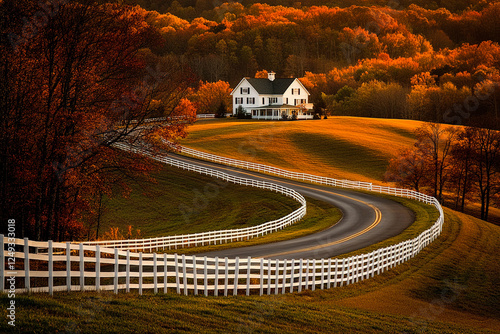 Scenic American Farm with White Fences and Autumn Sunrise Glow photo