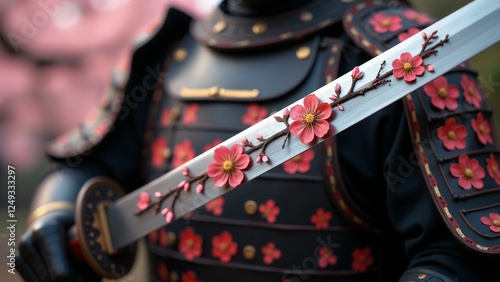 A samurai armor filled with cherry blossoms, reflecting 