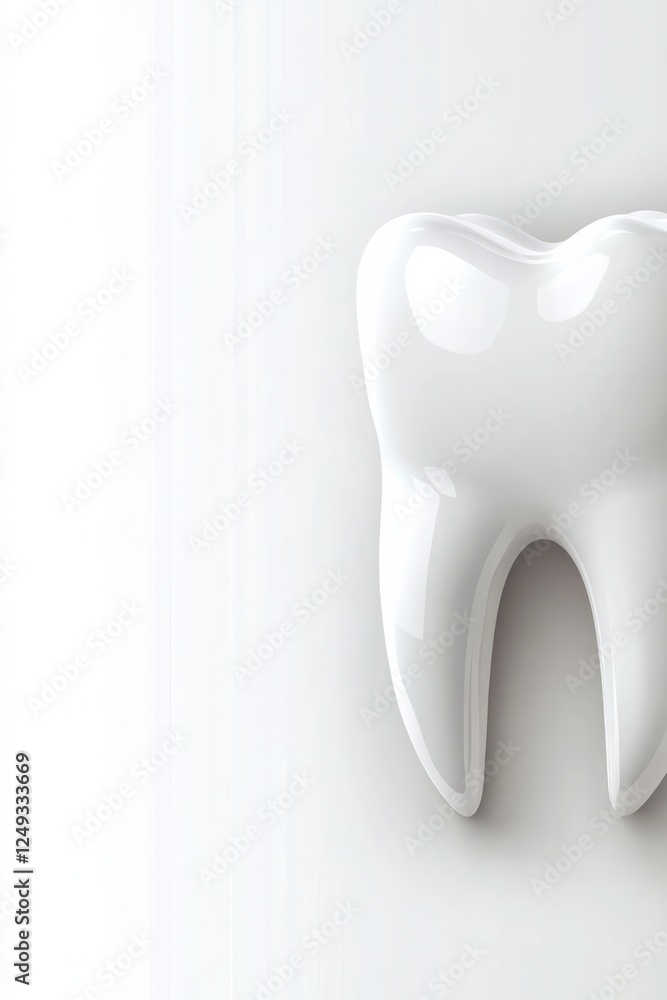 White healthy tooth on white background promotes oral hygiene and dental health, with space for text, vertical White healthy tooth on white background promotes oral hygiene and dental health, with space for text, vertical