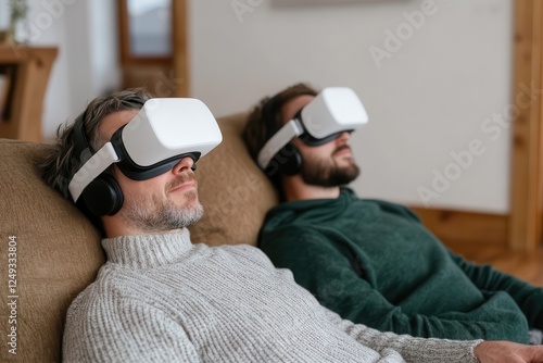 Technology of 5G: Wireless communication and streaming. Relaxed friends enjoying virtual reality headsets indoors. photo