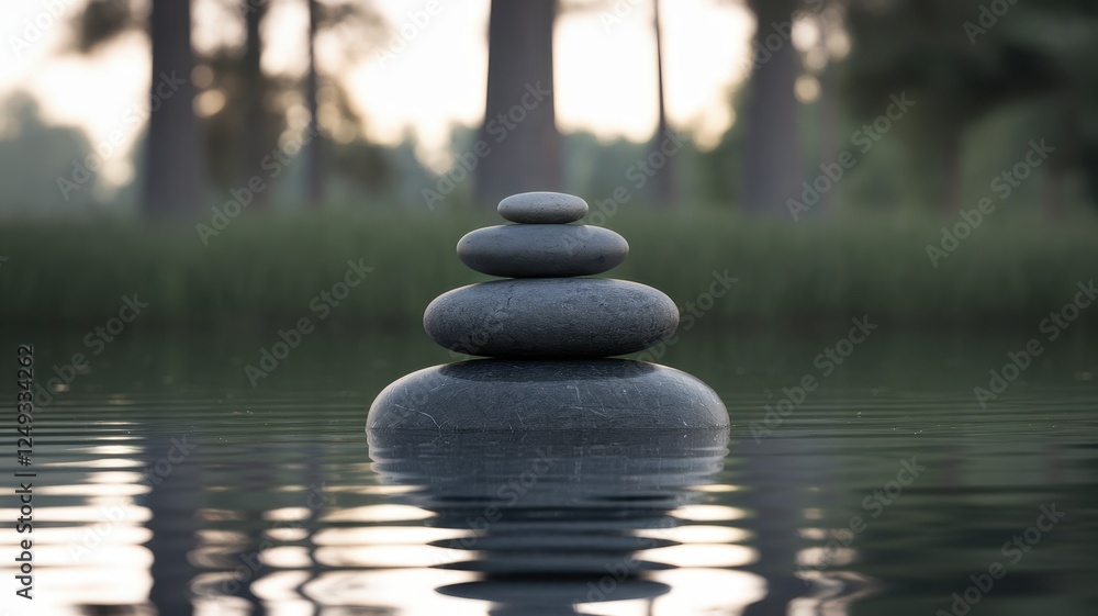 A serene stack of smooth stones balanced on water, surrounded by lush greenery and softly lit by the golden hour, symbolizing tranquility and balance.