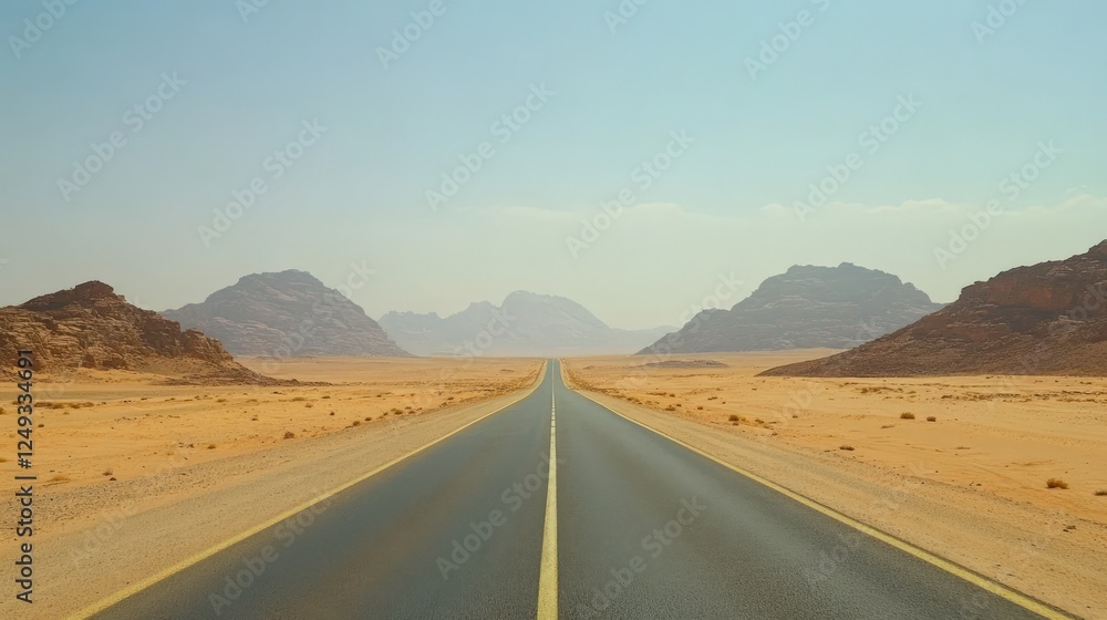 A long road stretches across a desert with mountains in the background