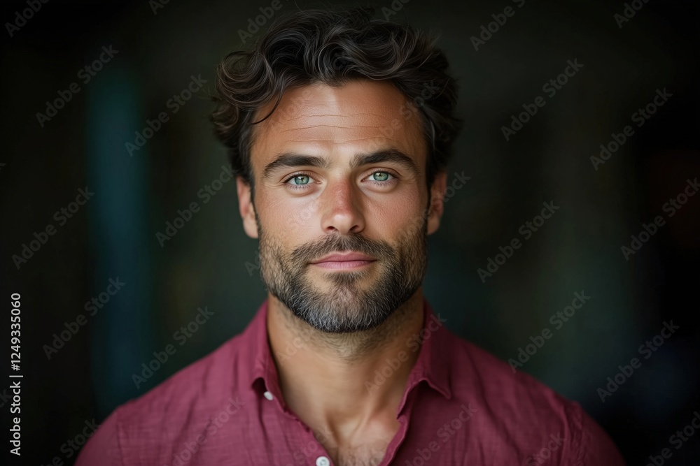 A cinematic portrait of a stylish man with curly hair and blue eyes wearing a pink shirt. A cinematic portrait of a stylish man with curly hair and blue eyes wearing a pink shirt.