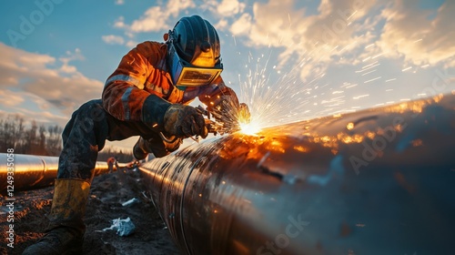 A man in a protective suit is working on a pipe