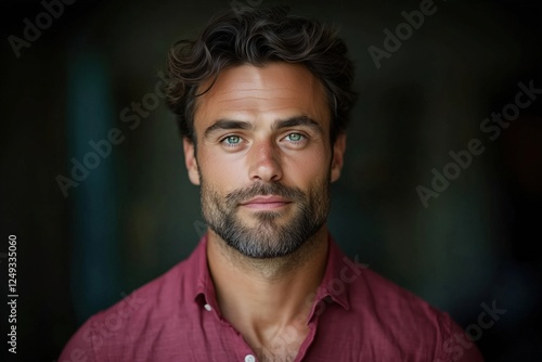 A cinematic portrait of a stylish man with curly hair and blue eyes wearing a pink shirt.