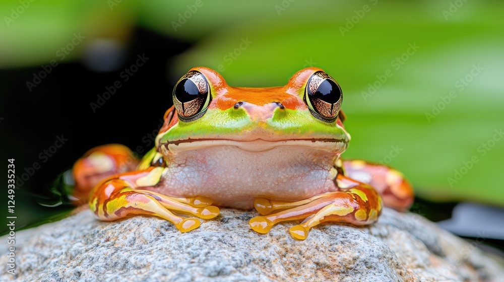 A vibrant frog perched on a rock, surrounded by lush greenery, showcasing its colorful skin and striking features. A vibrant frog perched on a rock, surrounded by lush greenery, showcasing its colorful skin and striking features.