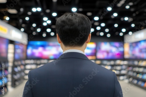 Technology of 5G: Wireless communication and streaming. Man observing electronics displays in a retail store. photo