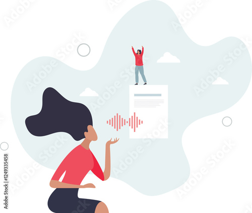 AI transcription software as speech into text transcript. Talking language conversion to written document.flat characters.