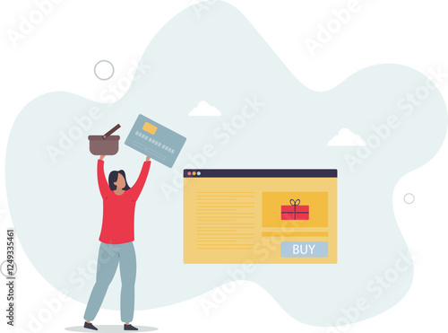 Online shopping and e commerce service for purchases .Credit card digital payment for website products.flat characters.