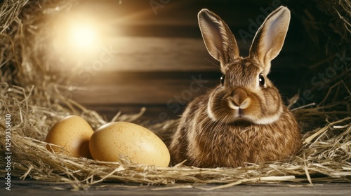 Brown Rabbit Nestled With Two Eggs In Hay Surrounded By Wood In Golden Warm Light.