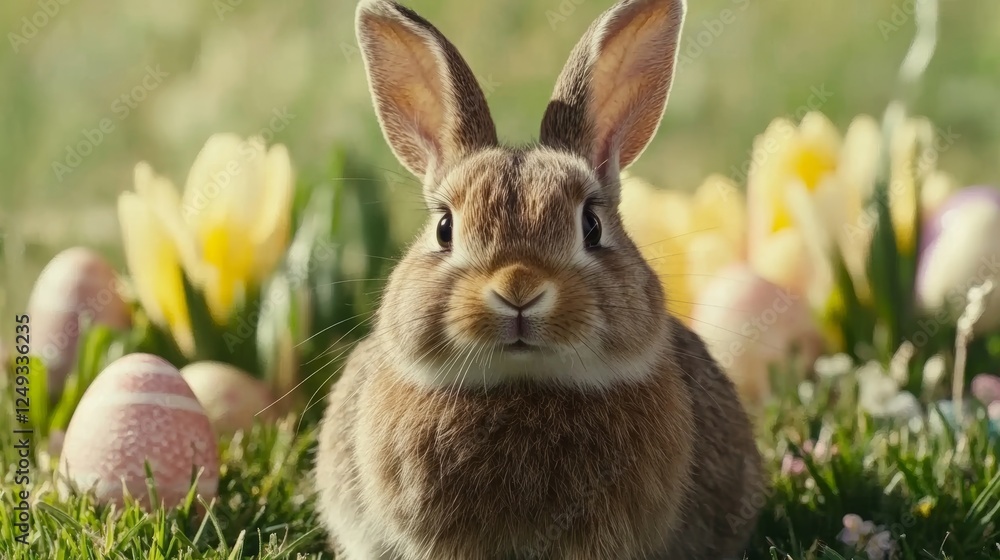 Fototapeta premium Brown Rabbit Portrait in a Green Grass Meadow with Yellow Flowers and Decorated Eggs.