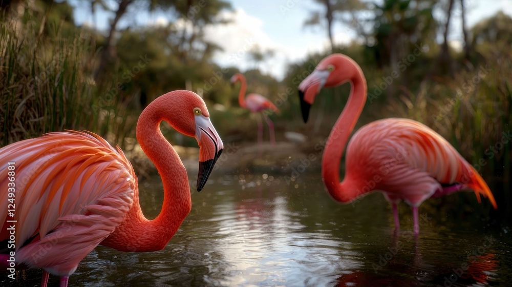 Fototapeta premium Vibrant pink flamingos wading in a serene wetland habitat surrounded by lush greenery
