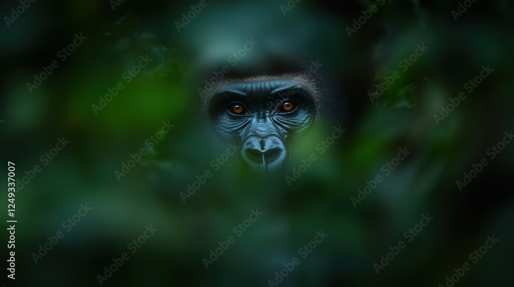 A close-up of a gorilla's face partially hidden among green foliage. A close-up of a gorilla's face partially hidden among green foliage.