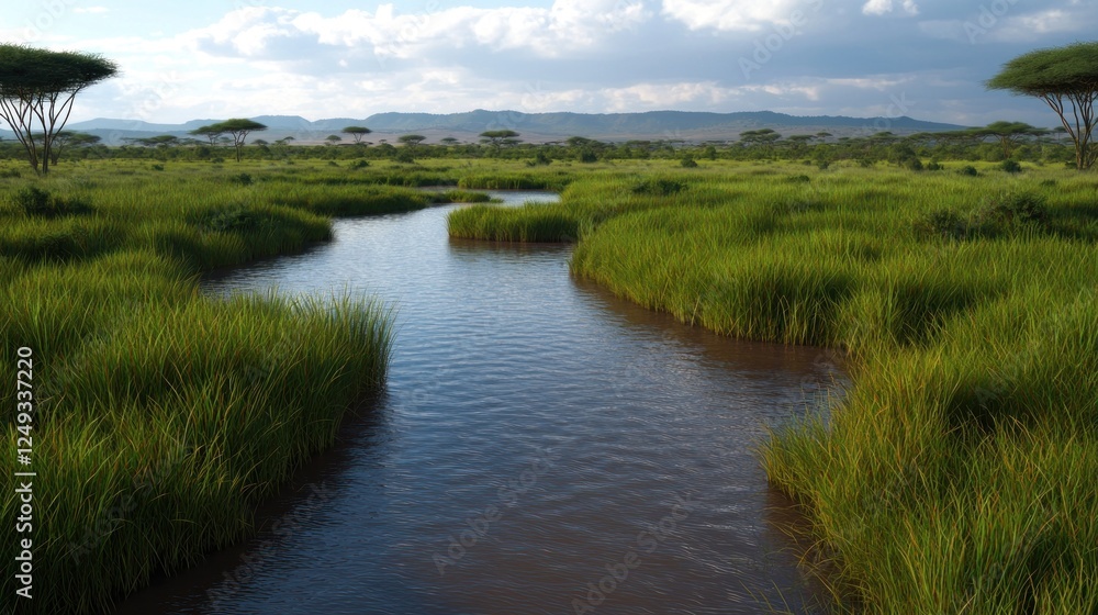 Serene river winding through lush green grasslands under a cloudy sky in a tranquil landscape Serene river winding through lush green grasslands under a cloudy sky in a tranquil landscape
