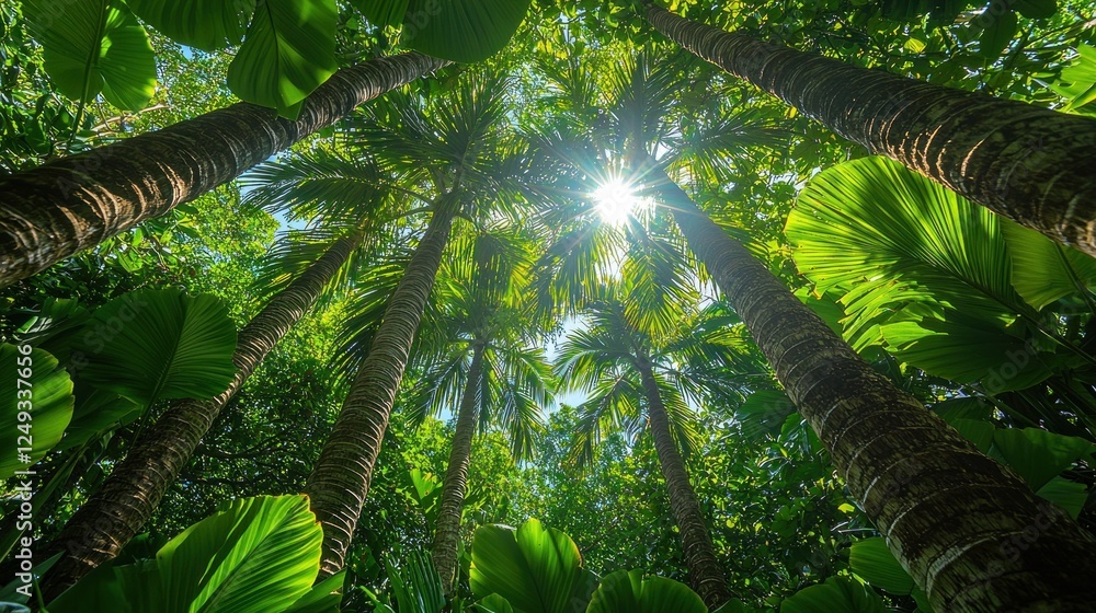 Naklejka premium Lush Tropical Canopy with Sunlight Filtering Through Vibrant Green Leaves