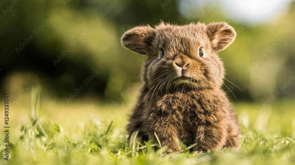 Fototapeta premium Brown Rabbit Sitting on Green Grass Looking Forward in a Natural Outdoor Setting.
