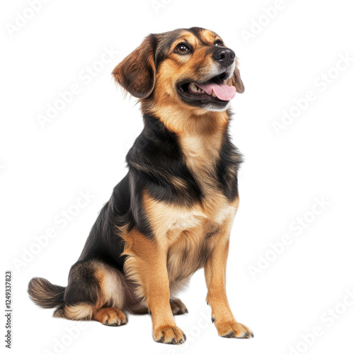Happy Mixed Breed Dog Sitting on White Background