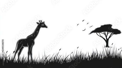 Silhouette giraffe in African savanna landscape. Possible use Children's book illustration photo