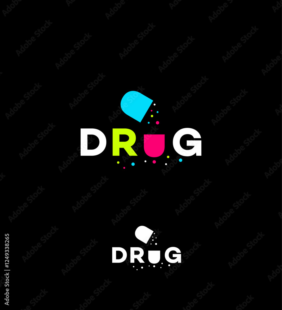 Obraz premium Creative logo concept for the word DRUG. Features an open capsule with particles forming the letter U. Includes colorful and monochrome versions on a black background.