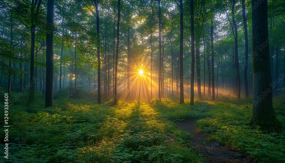 Naklejka premium A serene forest scene where sunlight beams through tall trees, creating a magical atmosphere. The mist and vibrant foliage enhance the tranquil setting.