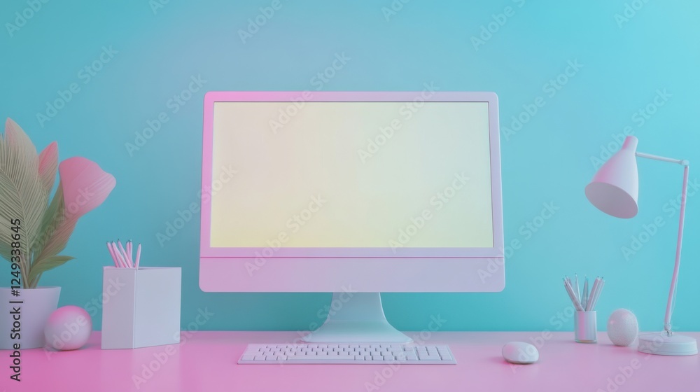 minimalist pink and blue workspace setup with computer minimalist pink and blue workspace setup with computer