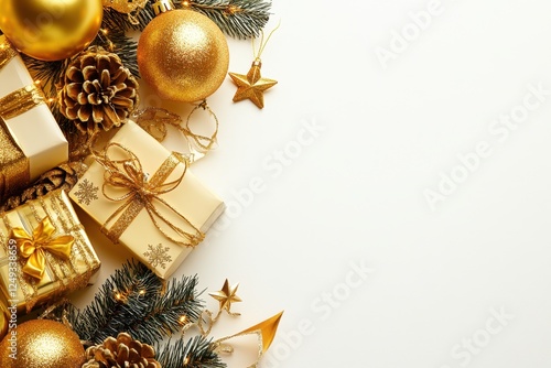 Gold Christmas gifts, ornaments, and decorations on white background photo