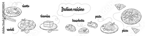 Dishes of Italian cuisine. Set of risotto, pizza, tiramisu, pasta, ravioli and bruschetta. Good for cookbook or menu, packaging, stickers, advertising. Italian food.