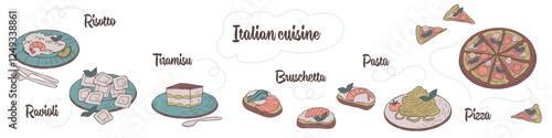 Dishes of Italian cuisine. Set of risotto, pizza, tiramisu, pasta, ravioli and bruschetta. Good for cookbook or menu, packaging, stickers, advertising. Italian food.