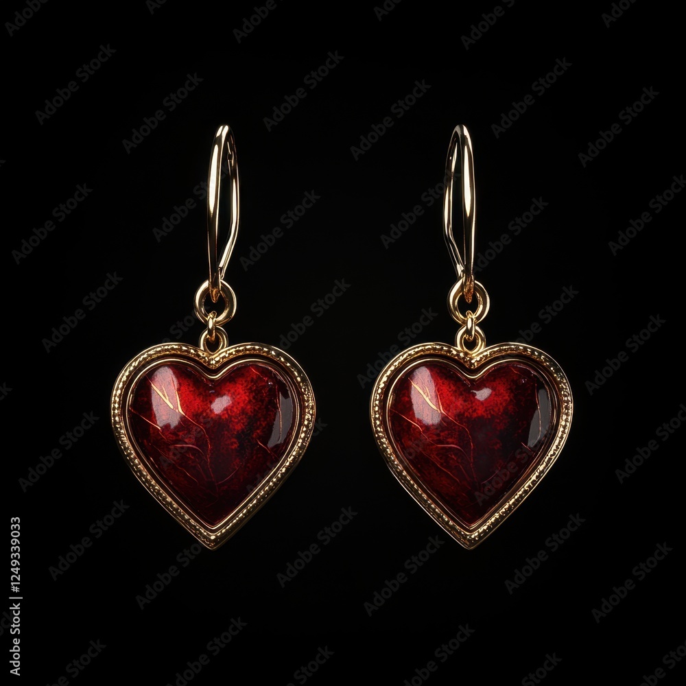 Gold heart earrings, black background, close-up