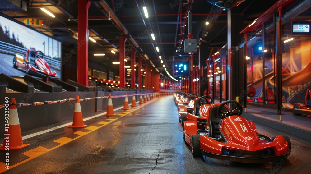 Excitement fills the indoor go kart racing arena as vibrant red karts line the track under bright lights, providing an exhilarating experience for racing enthusiasts at night. Excitement fills the indoor go kart racing arena as vibrant red karts line the track under bright lights, providing an exhilarating experience for racing enthusiasts at night.