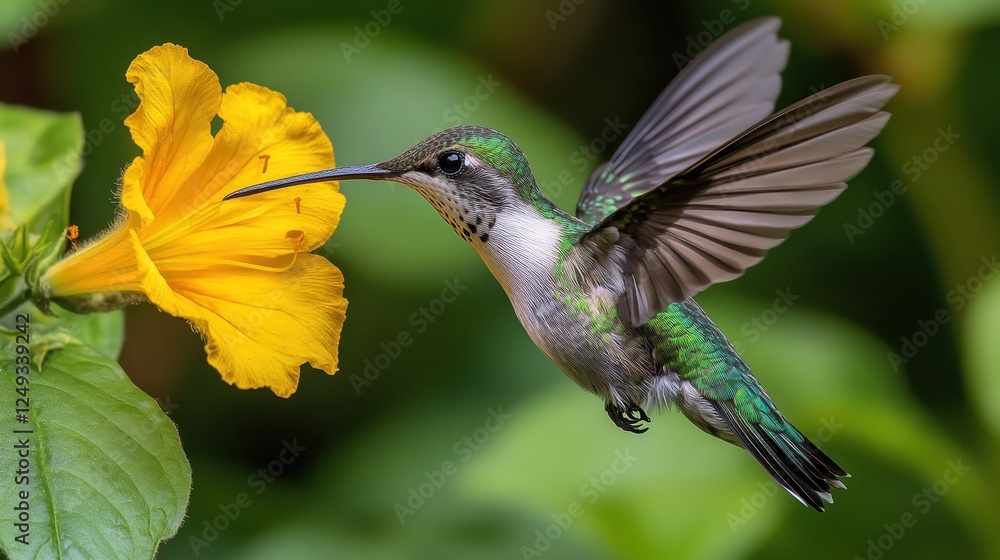 Fototapeta premium Hummingbird feeding on yellow flower, tropical garden