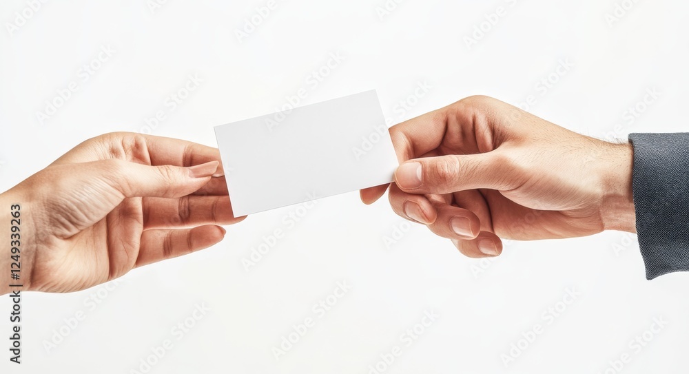 Obraz premium Close-up of hands exchanging business cards, simple and elegant white backdrop
