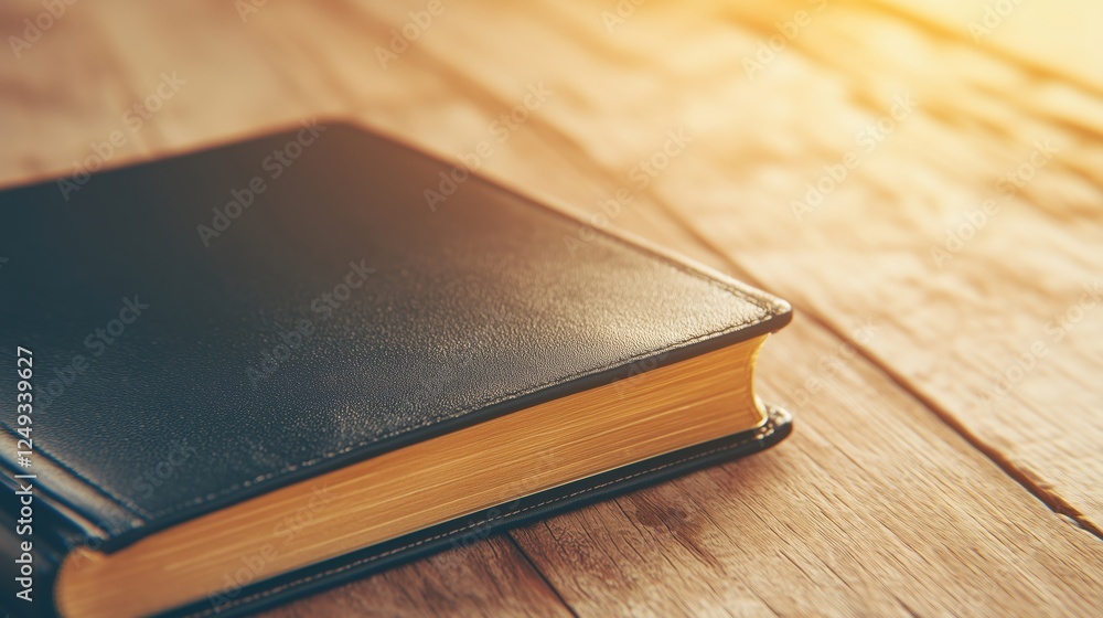 A close-up of a leather bound journal resting on a wooden table with warm lighting. A close-up of a leather bound journal resting on a wooden table with warm lighting.
