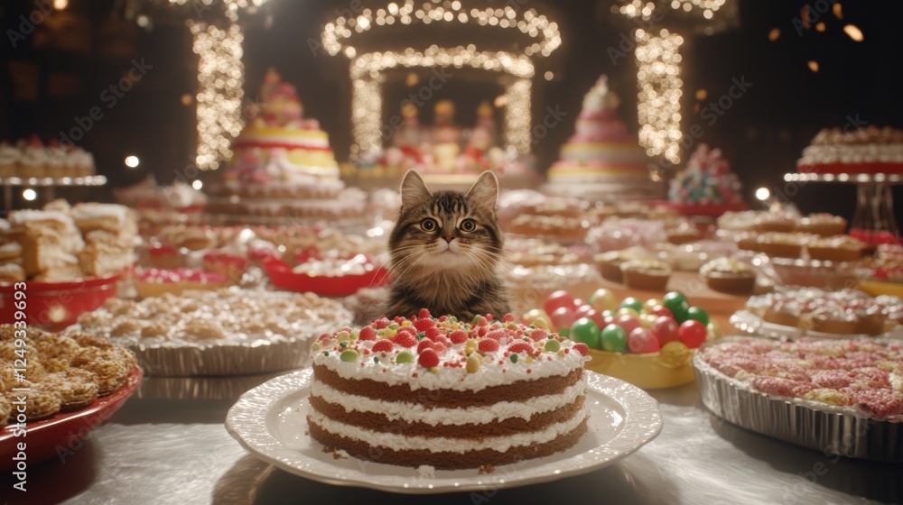 Brown Tabby Cat Posing Behind a Cake Surrounded by Many Cakes and Desserts on a Tabletop. Brown Tabby Cat Posing Behind a Cake Surrounded by Many Cakes and Desserts on a Tabletop.