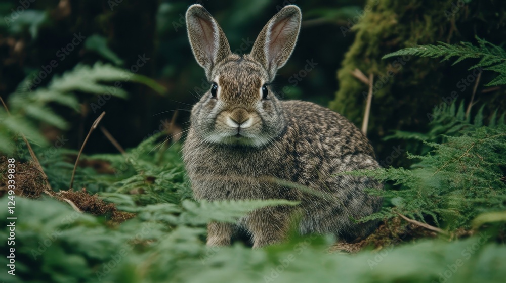 Fototapeta premium Brown Wild Rabbit In Forest Floor Surrounded By Green Ferns With Moss On Tree Trunk Behind.