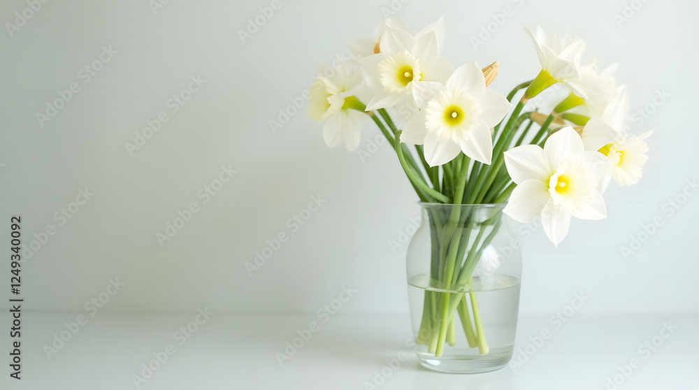 Beautiful and elegant white daffodils arranged in a minimalist vase on a gradient background. Beautiful and elegant white daffodils arranged in a minimalist vase on a gradient background.