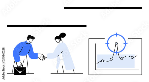 Professionals shaking hands while a presentation screen shows analytics with a focus target. Ideal for partnership, collaboration, deal-making, teamwork, growth strategy, business goals, abstract