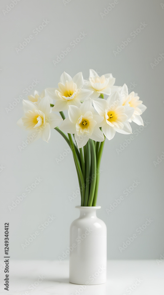 Beautiful and elegant white daffodils arranged in a minimalist vase on a gradient background. Beautiful and elegant white daffodils arranged in a minimalist vase on a gradient background.