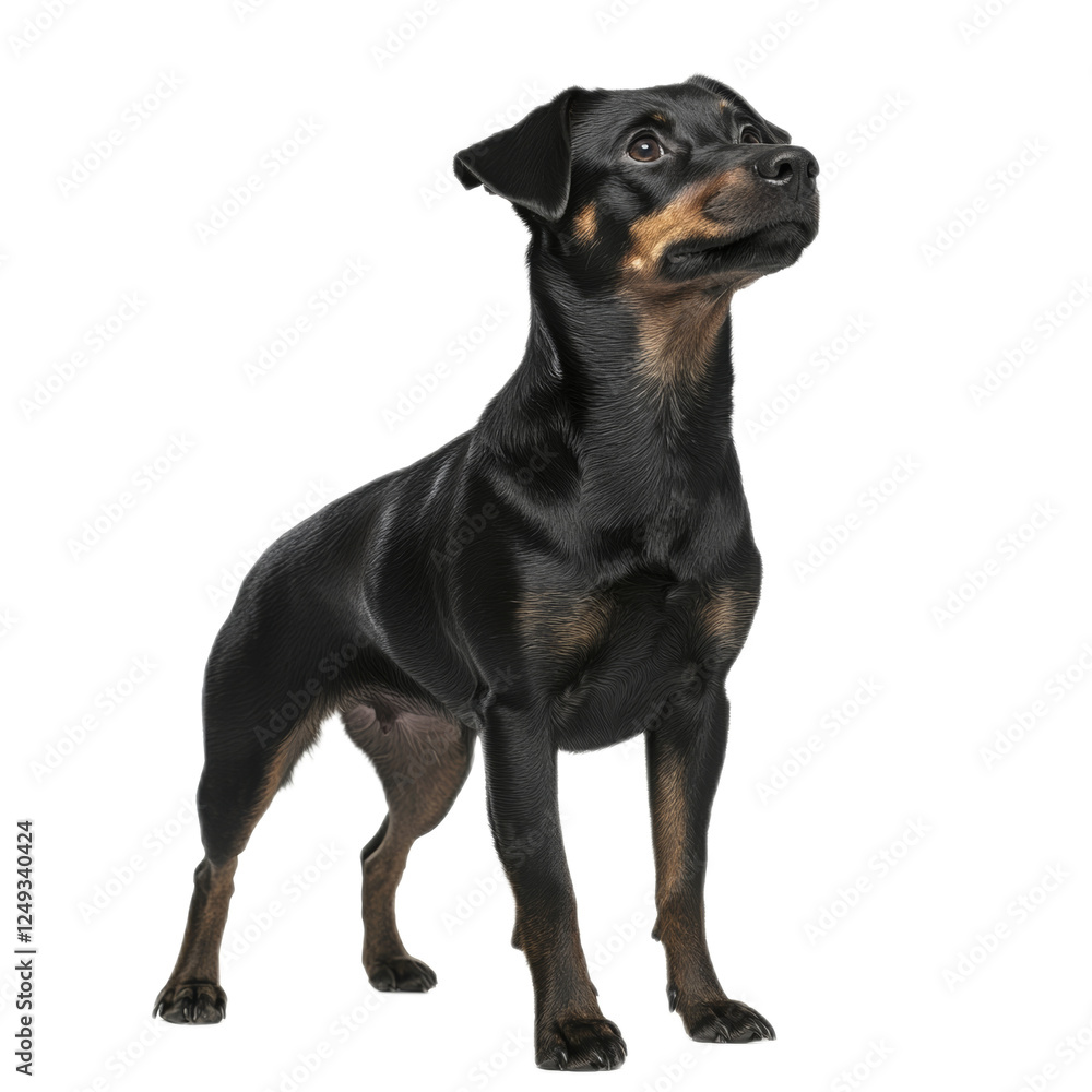 Obraz premium Black and Tan Miniature Pinscher Dog Standing on White Background.