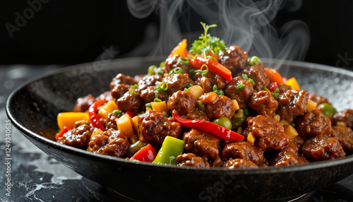 Artfully arranged lomo saltado with colorful peppers, culinary delight photo