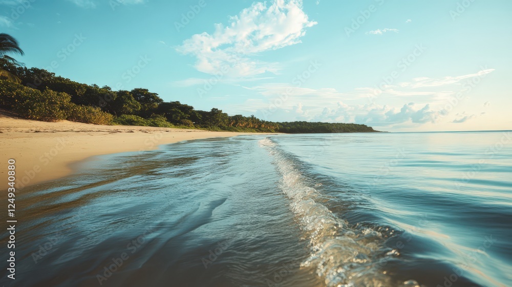 Fototapeta premium A beautiful beach with a clear blue ocean and a few trees in the background