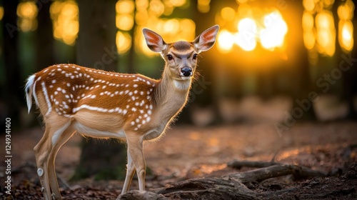 Young deer standing gracefully in forest at sunset, surrounded by trees and soft light photo