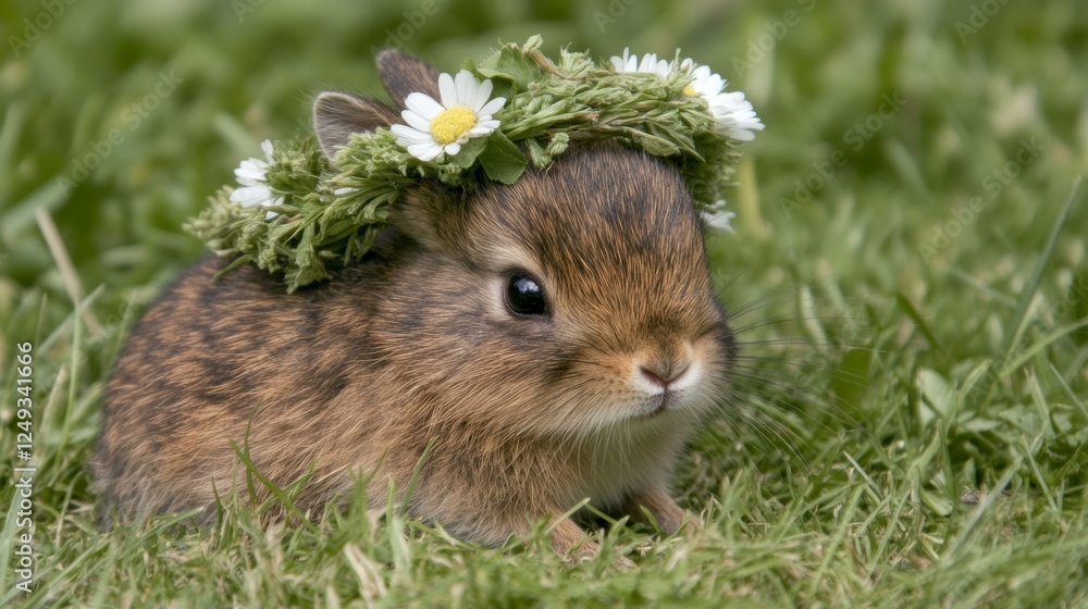 Bunny With Floral Crown Sitting On Grass Closeup. Bunny With Floral Crown Sitting On Grass Closeup.
