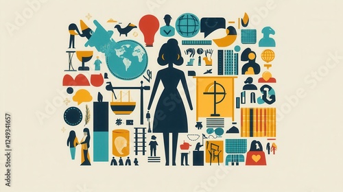 Female Silhouette Surrounded by Diverse Icons and Symbols
