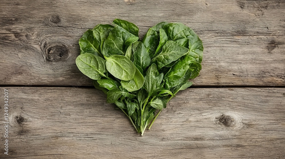 A heart shape made of fresh spinach leaves on a wooden surface, symbolizing love for healthy eating and nature. A heart shape made of fresh spinach leaves on a wooden surface, symbolizing love for healthy eating and nature.
