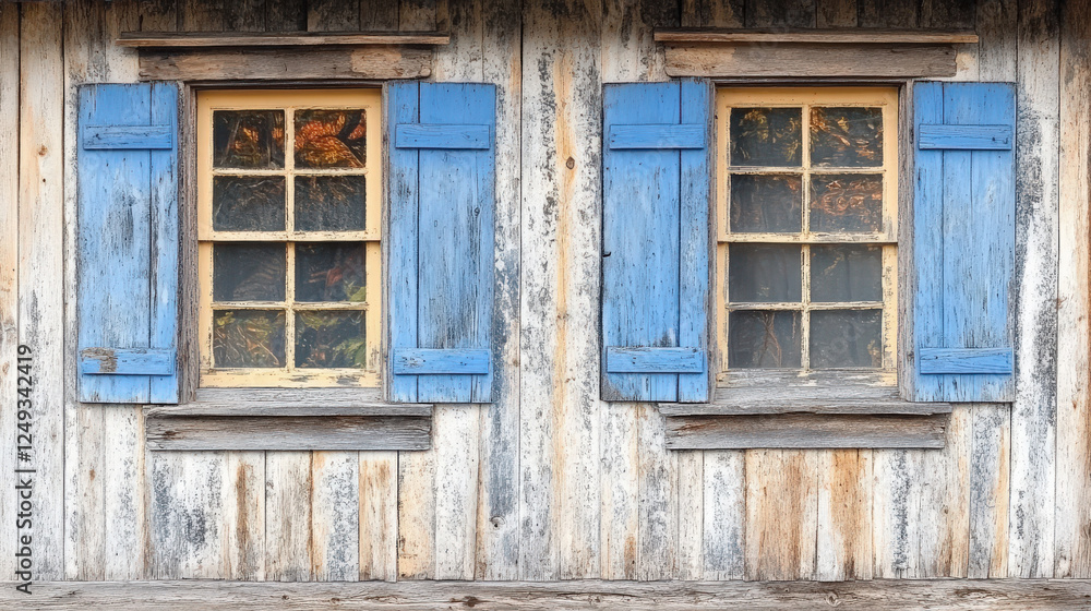Rustic charm, weathered wood facade with blue shutters. Peaceful serenity Rustic charm, weathered wood facade with blue shutters. Peaceful serenity