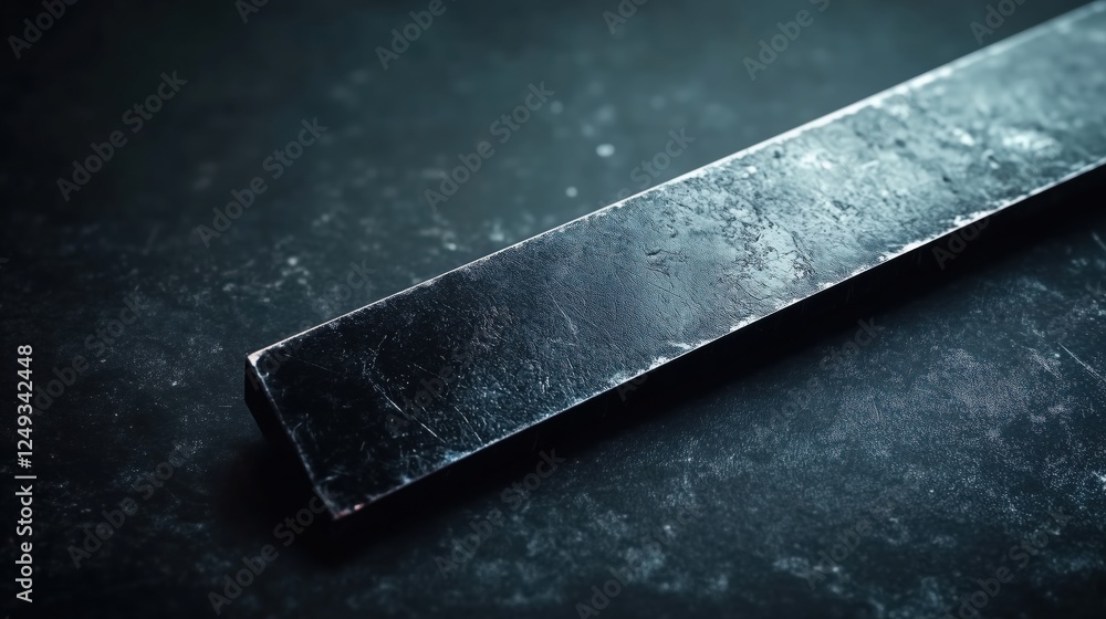 A close-up of a metal bar resting on a textured dark surface.